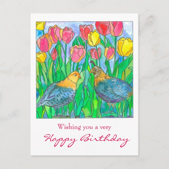 Quail Tulip Garden Happy Birthday Postcard (Front)