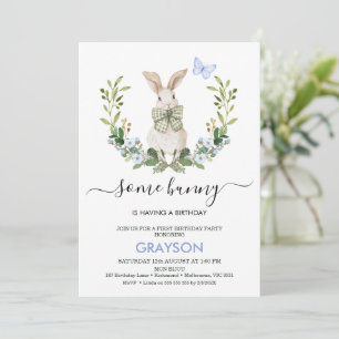 Quaint Blue Green Boys Little Bunny 1st Birthday Invitation