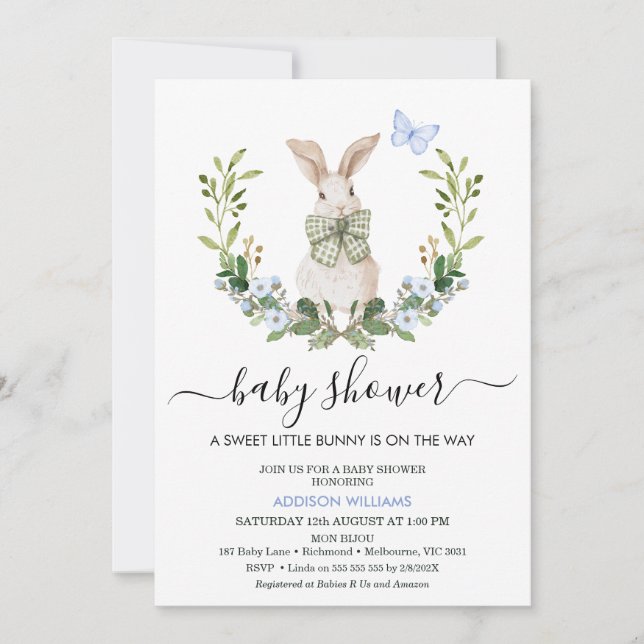 Quaint Blue Green Boys Little Bunny Baby Shower Invitation (Front)