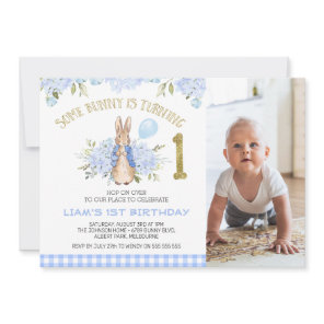 Quaint Blue Plaid Boys Bunny Rabbit 1st Birthday Invitation