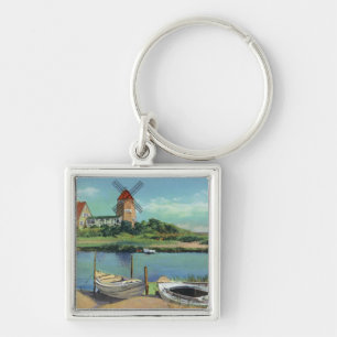 Quaint Cape Cod, View of Windmill and Boats Keychain