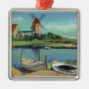 Quaint Cape Cod, View of Windmill and Boats Metal Ornament