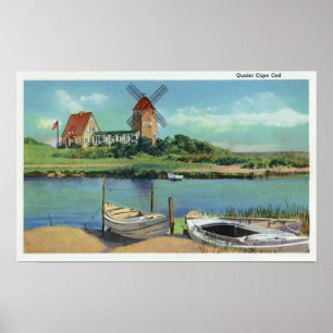 Quaint Cape Cod, View of Windmill and Boats Poster