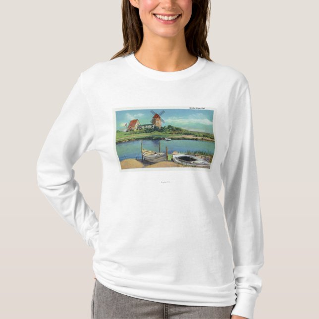 Quaint Cape Cod, View of Windmill and Boats T-Shirt (Front)