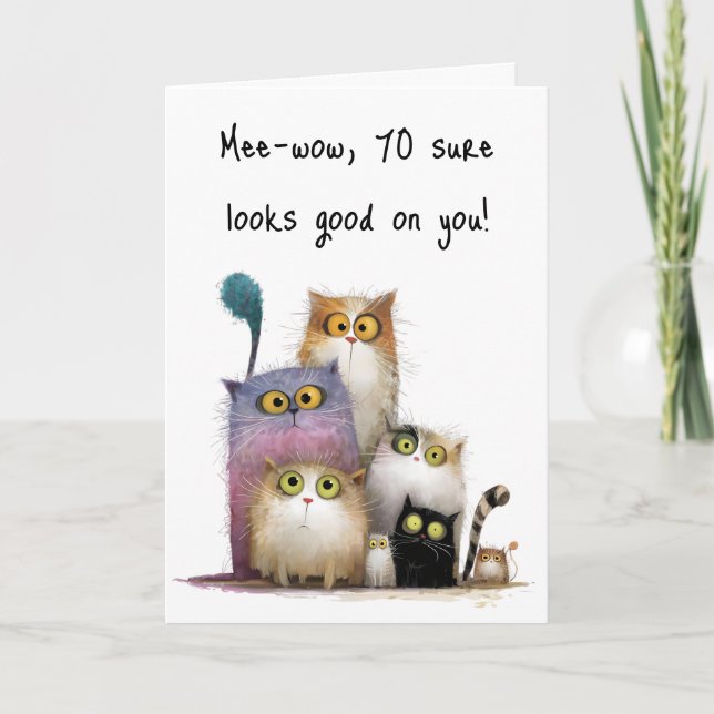 Quaint Cats with Big Eyes 70th Birthday Greeting Card (Front)