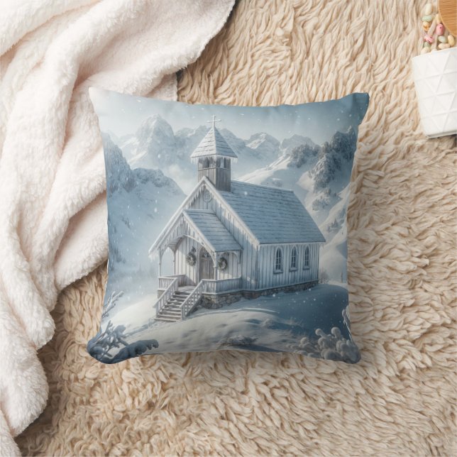 Quaint Christmas Church In The Mountains Throw Pillow (Blanket)