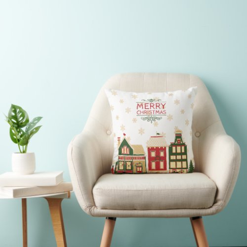 Quaint Christmas Village Snowflakes Throw Pillow