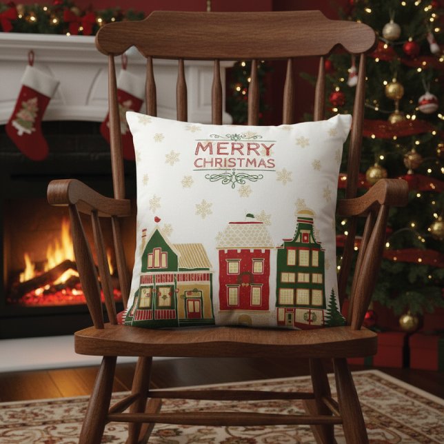 Quaint Christmas Village Snowflakes Throw Pillow (Creator Uploaded)