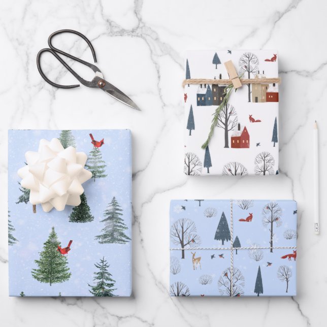 Quaint Country Woodland Scene Set of 3 Wrapping Paper Sheets (Front)