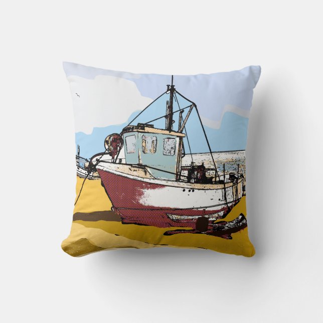 Quaint Fishing Boat Throw Pillow (Front)