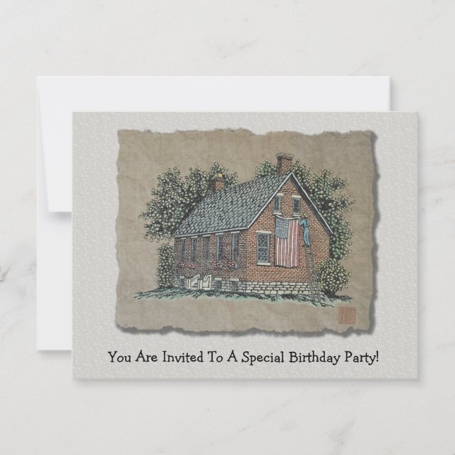 Quaint House & American Flag Invitation (Front)