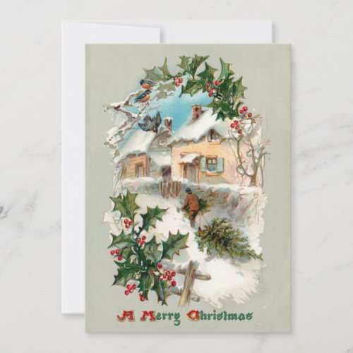 Quaint Nostalgic Vintage Rustic Winter Scene Holiday Card