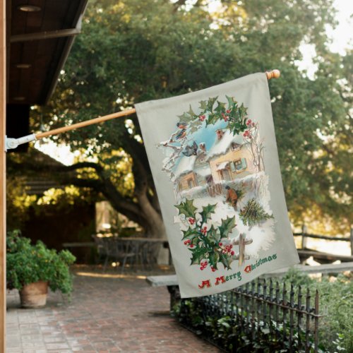 Quaint Nostalgic Vintage Rustic Winter Scene House Flag