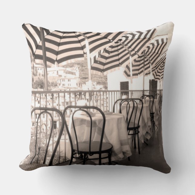Quaint restaurant balcony, Italy Throw Pillow (Front)