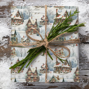 Quaint Rustic Snow-Covered Victorian Cottages Wrapping Paper