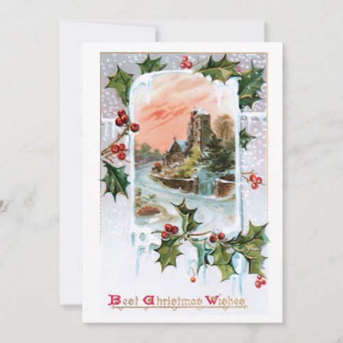 Quaint Rustic Vintage Winter Landscape with Holly Holiday Card