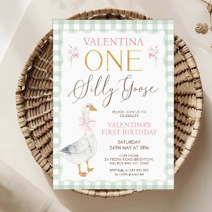 Quaint Sage Plaid Bow Silly Goose 1st Birthday Invitation