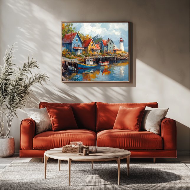 Quaint Seaside Fishing Village Canvas Print (Fishing Village Artwork)