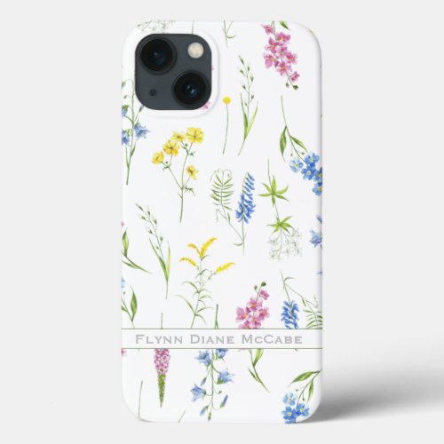 Quaint Vintage Wildflowers Foliage Personalized iPhone 13 Case