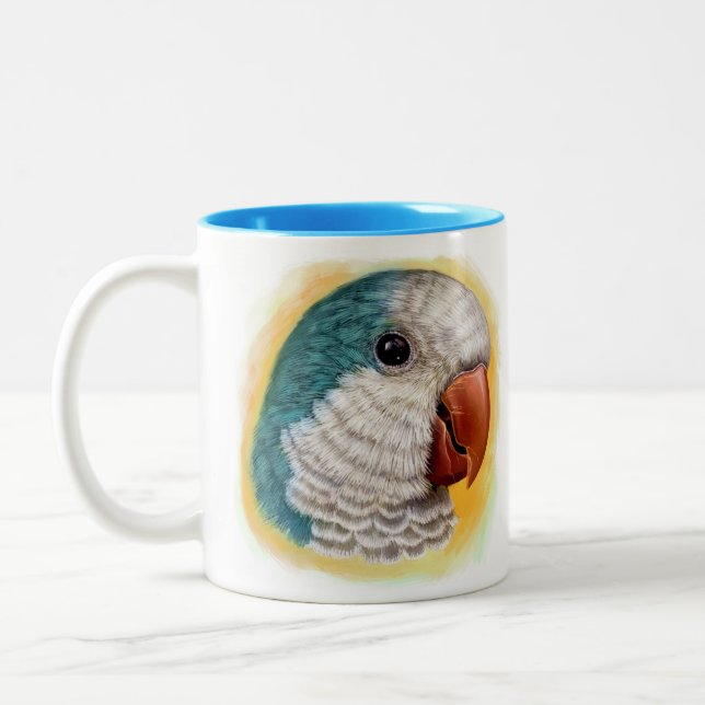 Quaker parrot realistic painting Two-Tone coffee mug (Left)