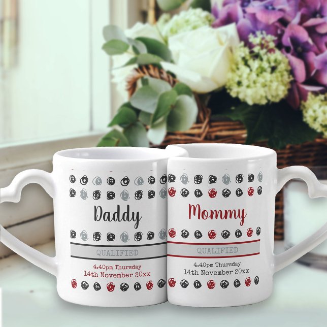 Qualified New Parents - Contemporary Personalized Coffee Mug Set (New Mommy and Daddy Mug Set)
