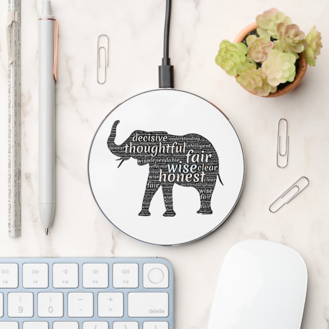 Qualities of an Elephant Word Cloud Wireless Charger (Desk)