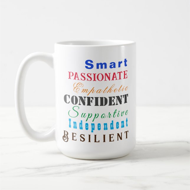 Qualities of Great Women Fun Motivational Colorful Coffee Mug (Left)
