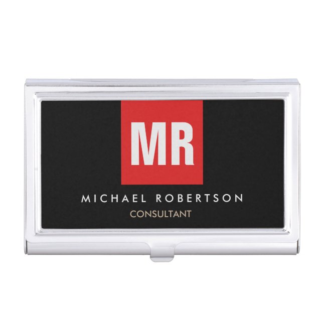 Quality Black Red Monogram Unique Business Card Case (Front)