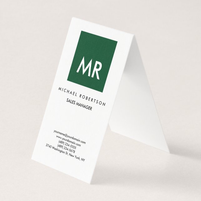 Quality Green White Monogram Elegant Unique Business Card (Front)