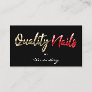 Quality Nails QR Code Logo Black Gold Red Script  Business Card
