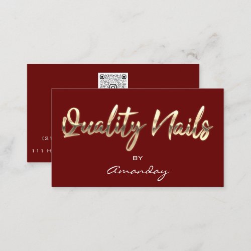 Quality Nails QR Code Logo Burgundy Red Gold  Business Card
