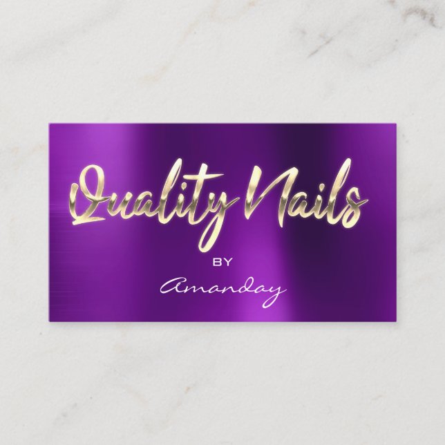Quality Nails QR Code Logo Purple Gold  Business Card (Front)