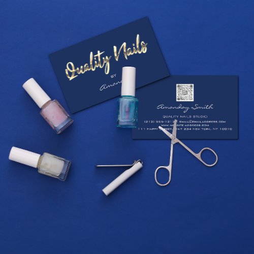 Quality Nails Script QR Code Logo Blue Navy Gold Business Card