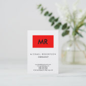 Quality Red Stripe White Black Monogram Unique Business Card (Standing Front)