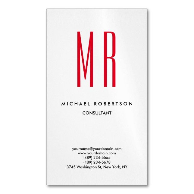 Quality Red White Monogram Elegant Unique Business Card Magnet (Front Vertical)