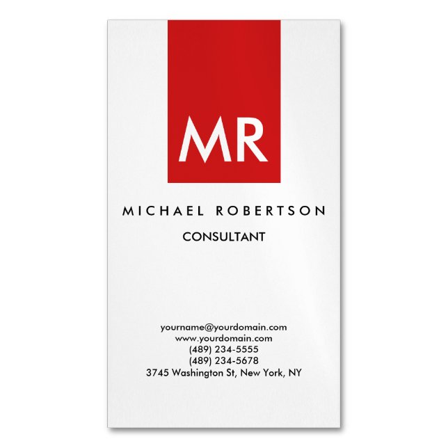 Quality Red White Monogram Elegant Unique Business Card Magnet (Front Vertical)
