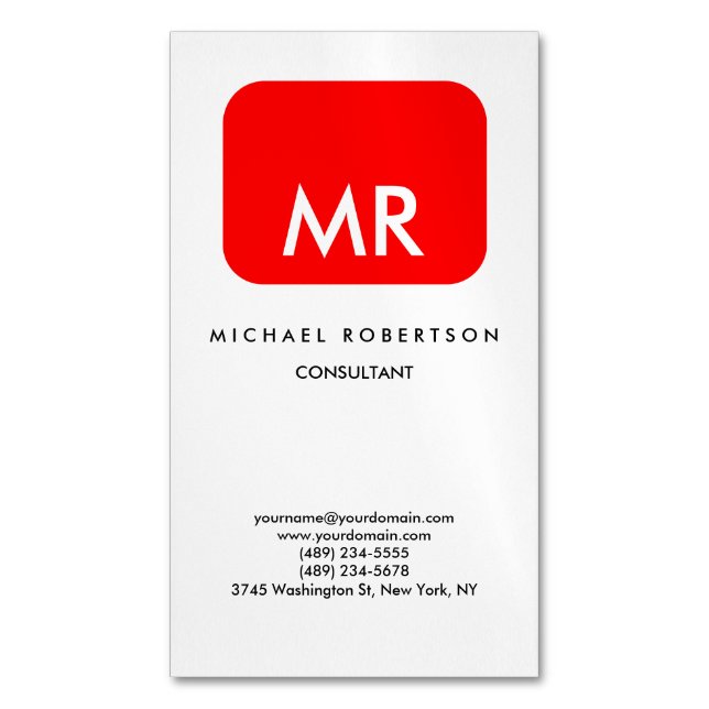 Quality Red White Monogram Elegant Unique Business Card Magnet (Front Vertical)