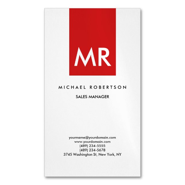 Quality Red White Monogram Elegant Unique Business Card Magnet (Front Vertical)