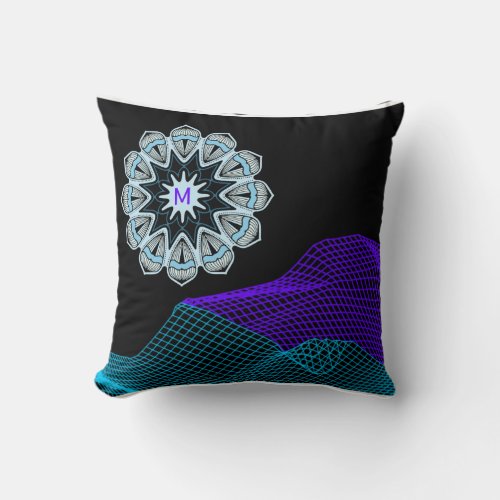 Quantum Abstract Mandala  Purple Blue Black Mngrm Throw Pillow