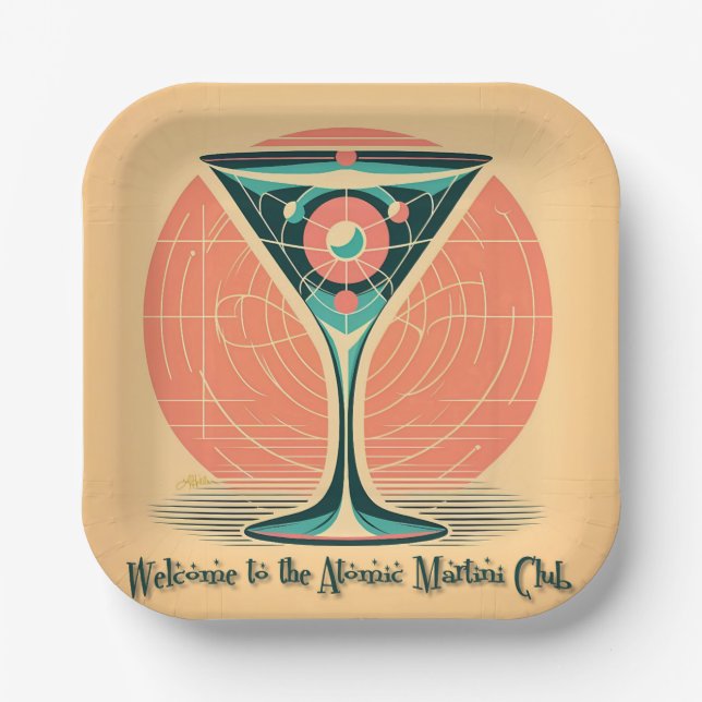 Quantum Entanglement Atomic Martini Club Cocktail Paper Plates (Front)