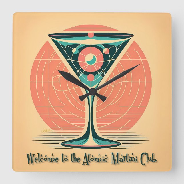 Quantum Entanglement Atomic Martini Club Cocktail Square Wall Clock (Front)