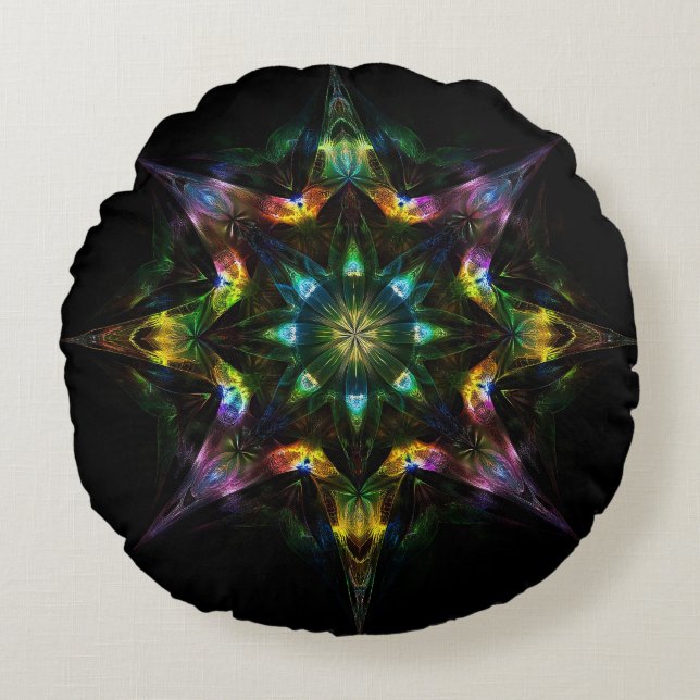 Quantum Starfire - Sacred Geometry Cosmic Mandala Round Pillow (Front)