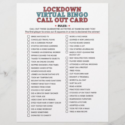Quarantine Bingo Lockdown Activities Call Out List