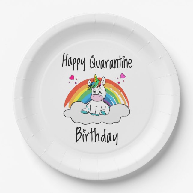 Quarantine Birthday Unicorn rainbow Paper Plates (Front)