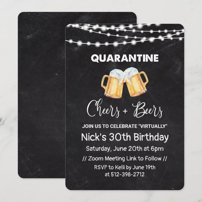 Quarantine Cheers and Beers Chalkboard Birthday Invitation (Front/Back)