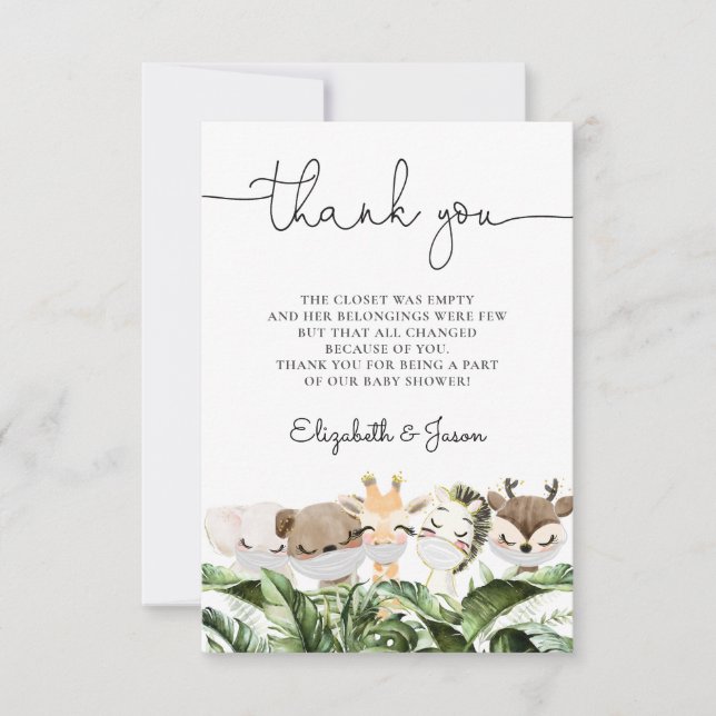 Quarantine Mask Jungle Safari Animals Baby Shower Thank You Card (Front)