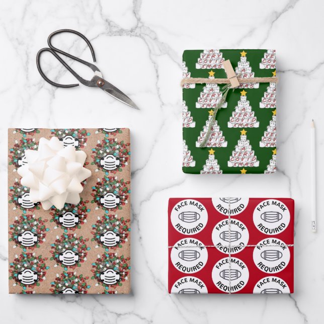 Quarantine Trio COVID Pandemic Christmas Set Gift Wrapping Paper Sheets (Front)