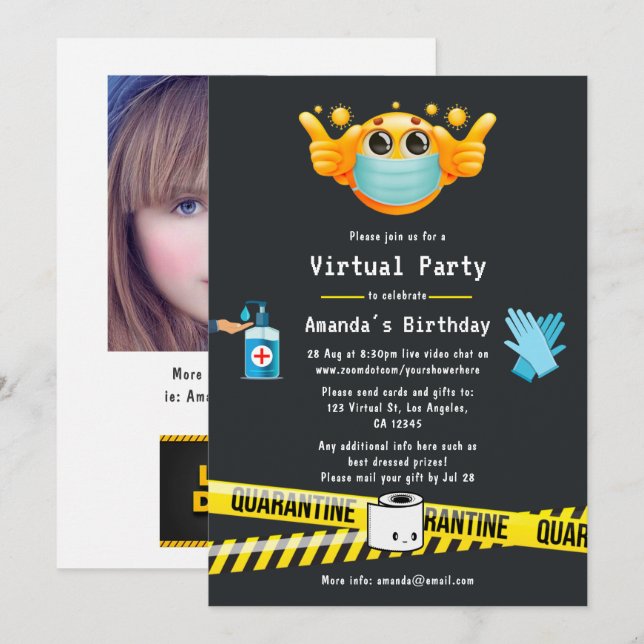 Quarantine Virtual Birthday Party Photo Invitation (Front/Back)