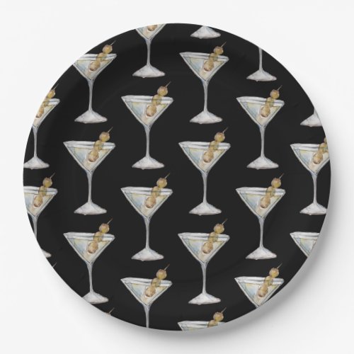 Quarantini Martini Cocktail Pattern Black Paper Plates