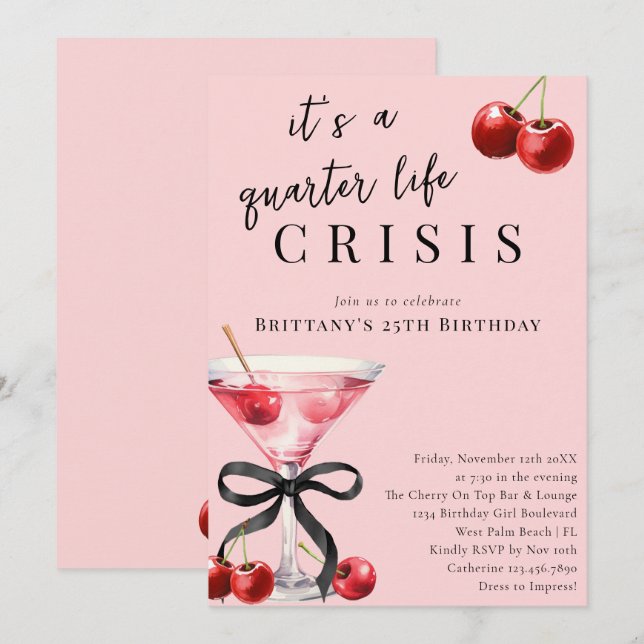 Quarter Life Crisis Cherry Martini 25th Birthday Invitation | Zazzle
